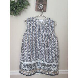 J.Jill Womens Size M Sleeveless 2 Pocket Tunic Top Linen Elephant Border